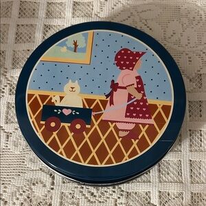 Vintage Round Tin w/ Country Girl Pulling Cat in Wagon